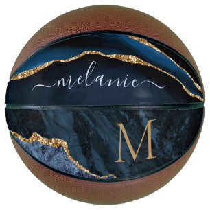 Agate Navy Blue Gold Name letter Basketball Gift