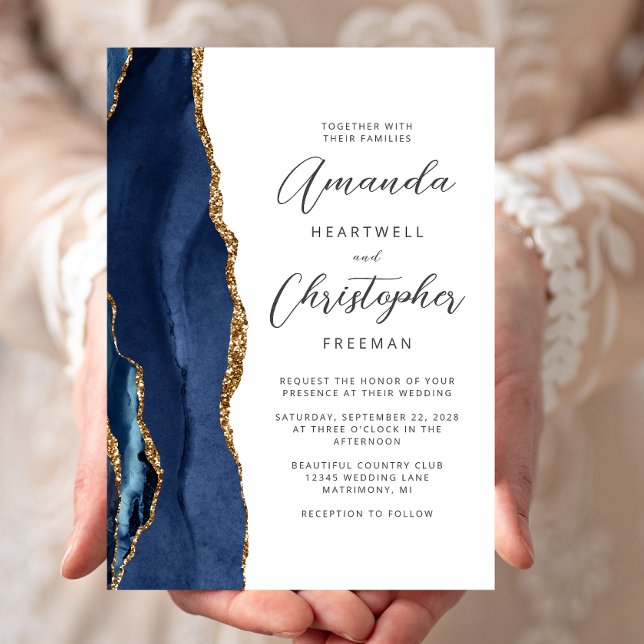 Agate Navy Blue Gold Script Wedding Invitation (Creator Uploaded)