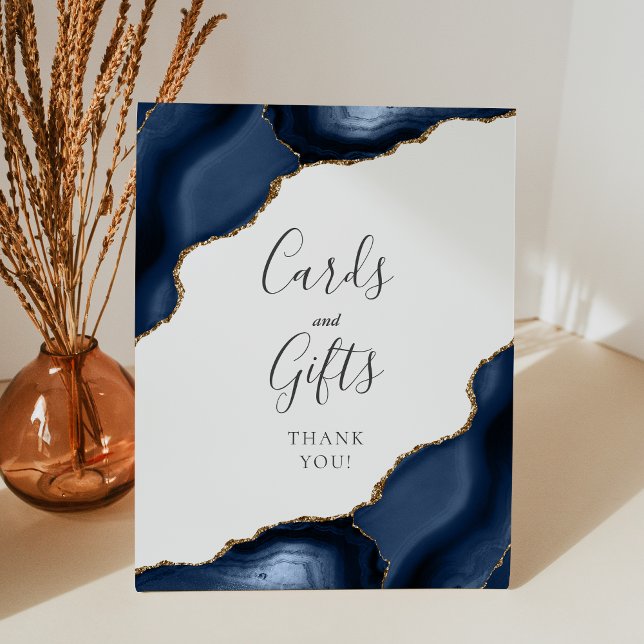 Agate Navy Blue Gold Wedding Cards and Gifts Pedestal Sign (Creator Uploaded)