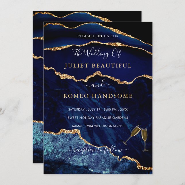 Agate Navy Blue Gold Wedding Invitation Card (Front/Back)