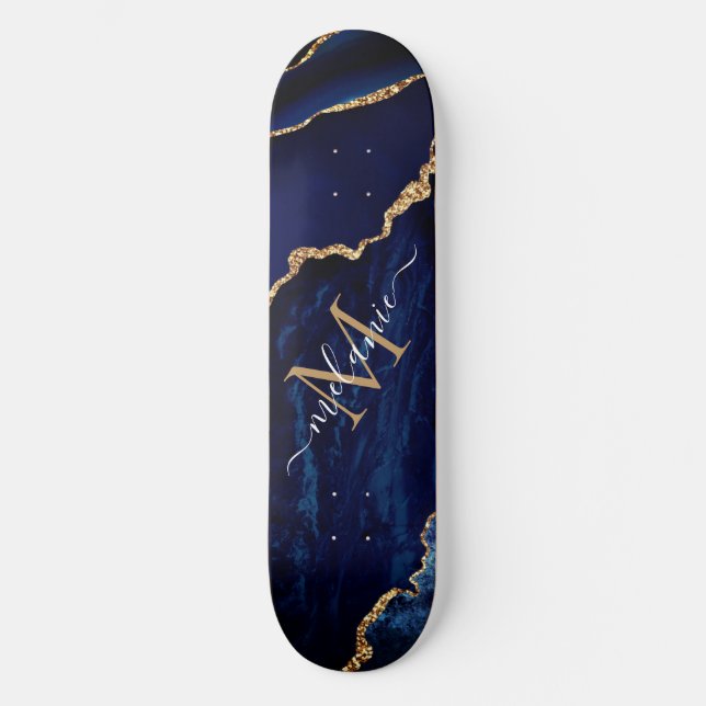 Agate Navy Blue Gold Your Name Letter Skateboard (Front)