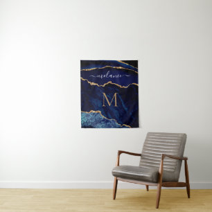 Agate Navy Blue Marble Tapestry Custom Name Letter