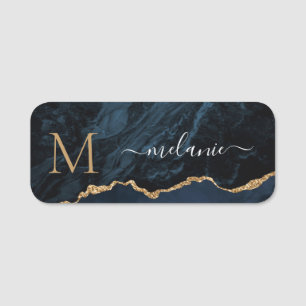Agate Navy Blue Marble Your Letter and Name Tag