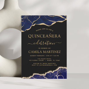 Agate Navy Blue Quinceañera Gold 15th Birthday Inv Invitation