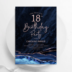 Agate Navy Blue Rose Gold 18th Birthday Invitation