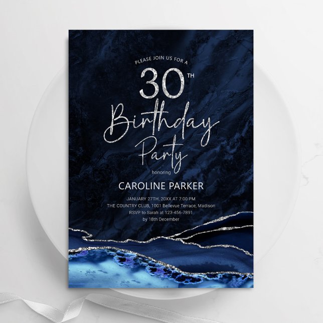 Agate Navy Blue Silver 30th Birthday Invitation (Creator Uploaded)