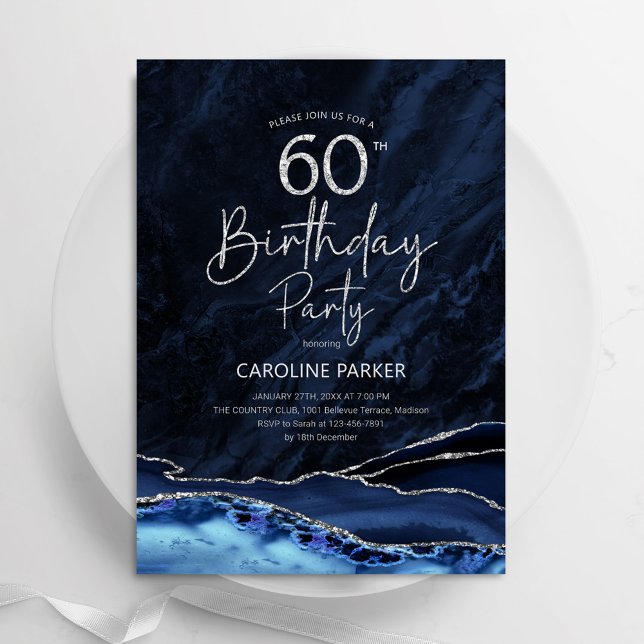 Agate Navy Blue Silver 60th Birthday Invitation (Creator Uploaded)