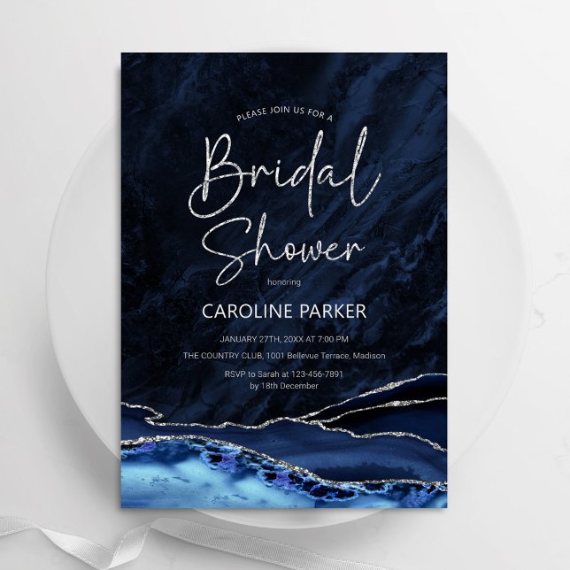 Agate Navy Blue Silver Bridal Shower Invitation (Creator Uploaded)