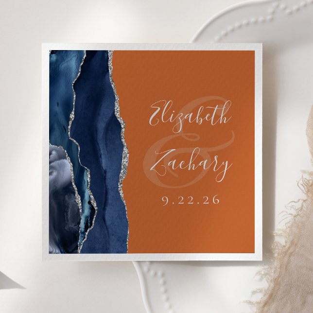 Agate Navy Blue Silver Burnt Orange Wedding Napkin (Creator Uploaded)