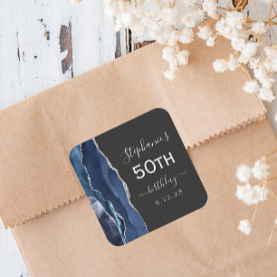 Agate Navy Blue Silver Dark 50th Birthday Square Sticker