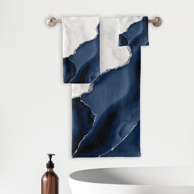Agate Navy Blue Silver Glitter White Marble Bath Towel Set (Creator Uploaded)