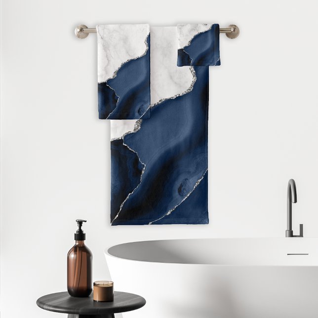 Agate Navy Blue Silver Glitter White Marble Bath Towel Set (Creator Uploaded)