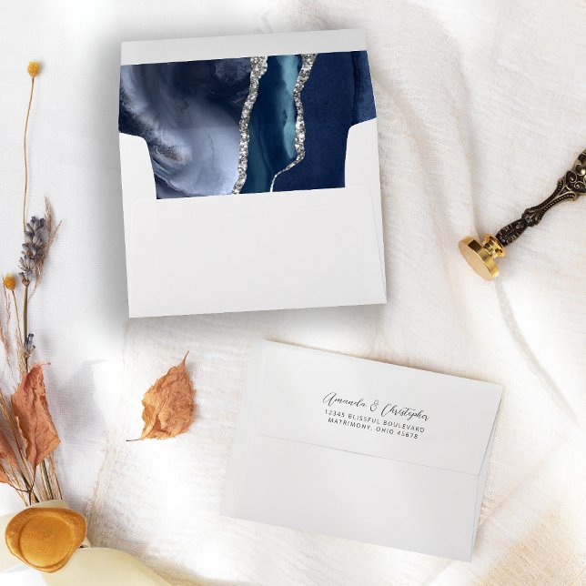 Agate Navy Blue Silver Script Wedding Envelope (Creator Uploaded)