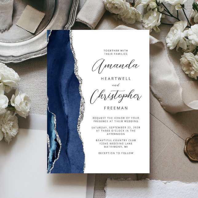 Agate Navy Blue Silver Script Wedding Invitation (Creator Uploaded)