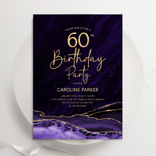 Agate Purple Gold 60th Birthday Invitation (Creator Uploaded)