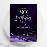 Agate Purple Gold 90th Birthday Invitation<br><div class="desc">Purple and silver agate 90th birthday party invitation. Elegant modern design featuring watercolor agate marble geode background,  faux glitter silver and typography script font. Trendy invite card perfect for a stylish women's bday celebration. Printed Zazzle invitations or instant download digital printable template.</div>