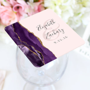 Agate Purple Gold Blush Pink Wedding Square Paper Coaster
