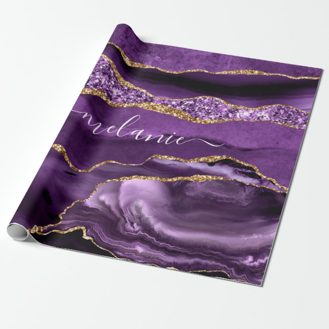 Agate Purple Gold Custom Name Gift Wrapping Paper (Unrolled)