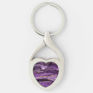 Agate Purple Gold Custom Name Keychain Gift