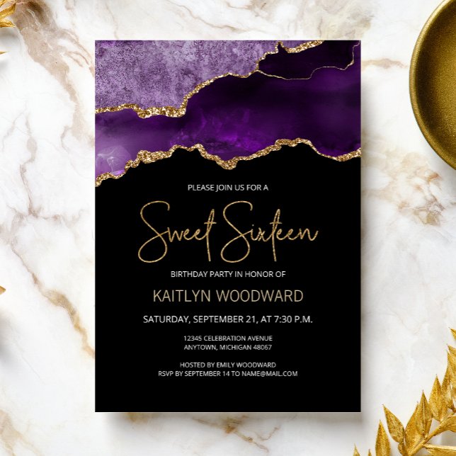 Agate Purple Gold Dark Sweet 16 Birthday Party Invitation (Creator Uploaded)