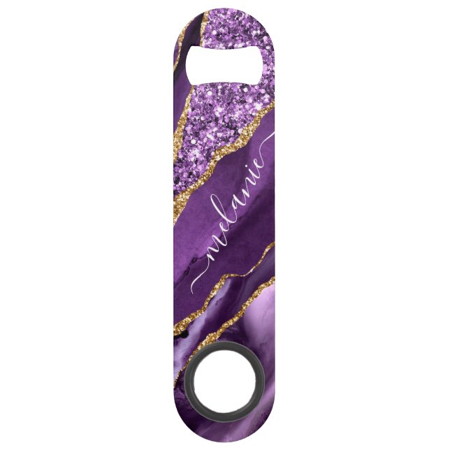 Agate Purple Gold Glitter Custom Name Bar Key (Front)