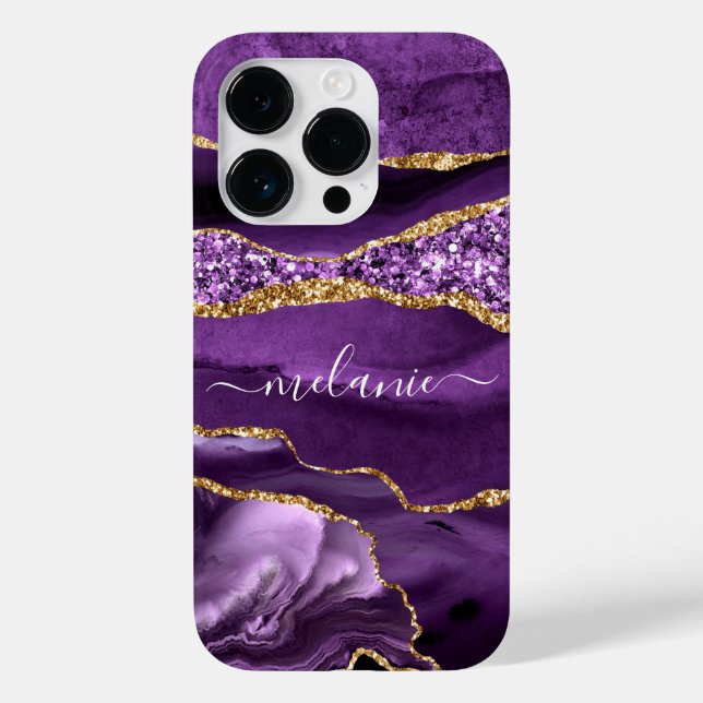 Agate Purple Gold Glitter Custom Name iPhone Case (Back)