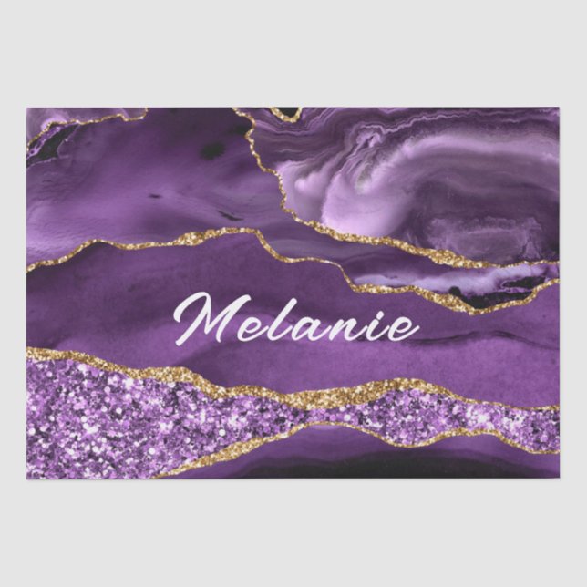 Agate Purple Gold Glitter Custom Name Tissue Paper (Front)