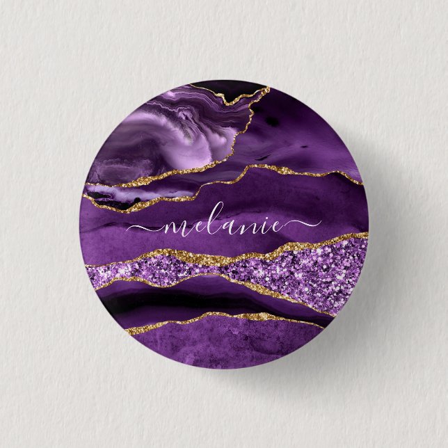 Agate Purple Gold Glitter Marble Button Your Name (Front)