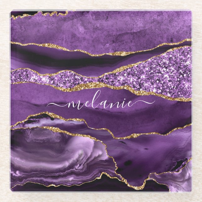 Agate Purple Gold Glitter Marble Personalised Name Glass Coaster (Front)
