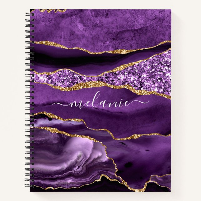 Agate Purple Gold Glitter Notebook and Custom Name (Front)