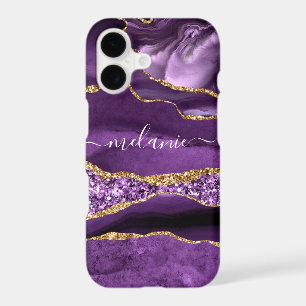 Agate Purple Gold Marble Custom Name iPhone Case