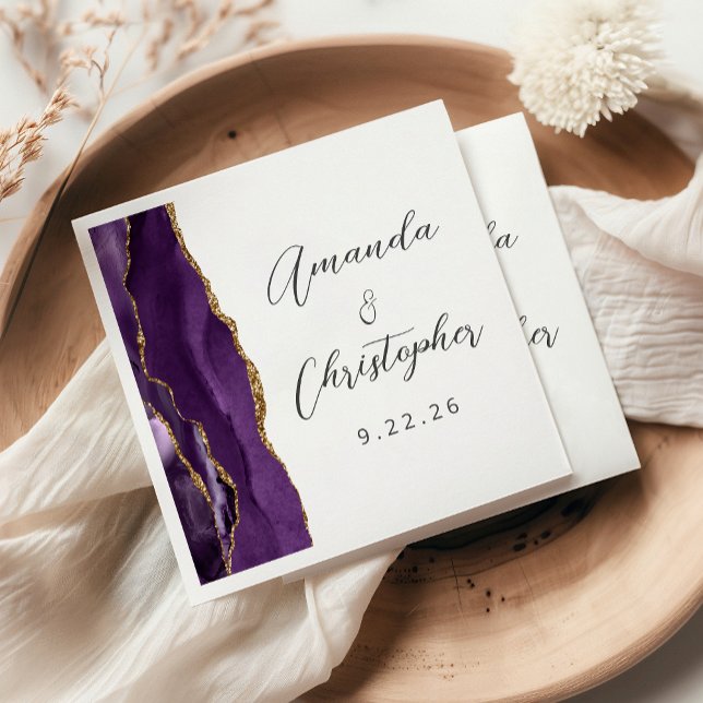 Agate Purple Gold Script Wedding Napkin (Creator Uploaded)