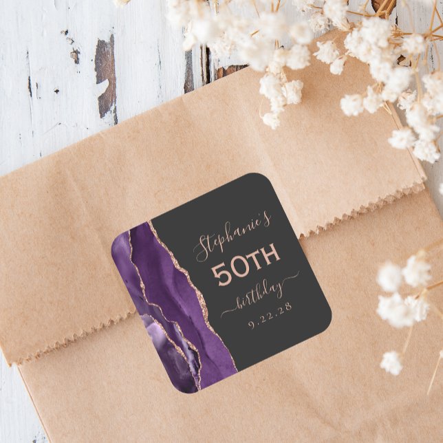 Agate Purple Rose Gold Dark 50th Birthday Square Sticker (Creator Uploaded)