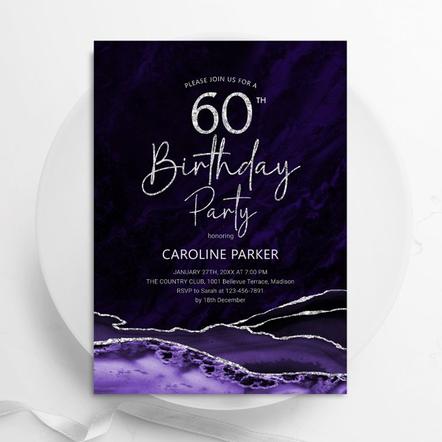 Agate Purple Silver 60th Birthday Invitation (Creator Uploaded)