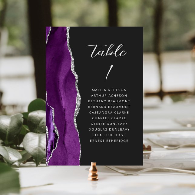 Agate Purple Silver Modern Script Dark Wedding Table Number (Creator Uploaded)
