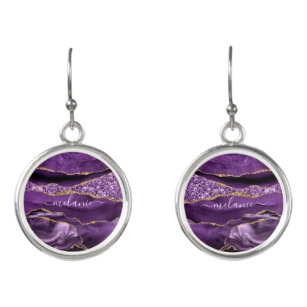 Agate Purple Violet Gold Custom Name Earrings
