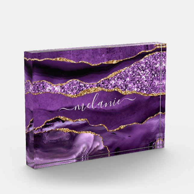 Agate Purple Violet Gold Custom Name Photo Block (Left)