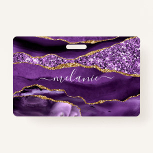 Agate Purple Violet Gold Glitter Custom Name Badge ID Badge