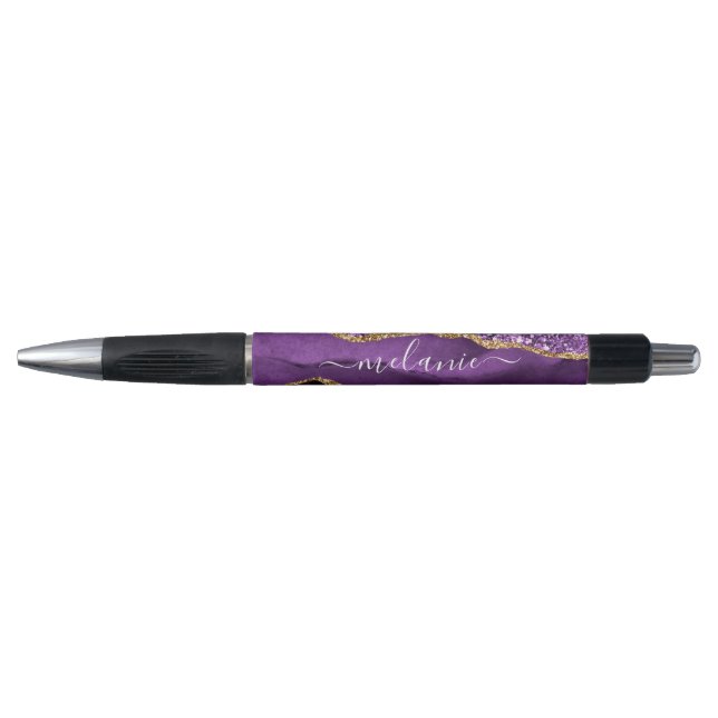 Agate Purple Violet Gold Glitter Custom Name Pen (Front)