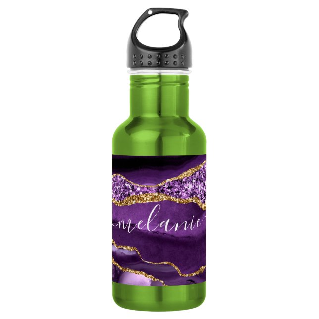 Agate Purple Violet Gold Glitter Geode Custom Name 532 Ml Water Bottle (Front)