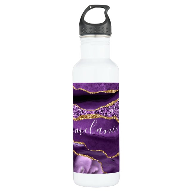 Agate Purple Violet Gold Glitter Geode Custom Name 710 Ml Water Bottle (Front)