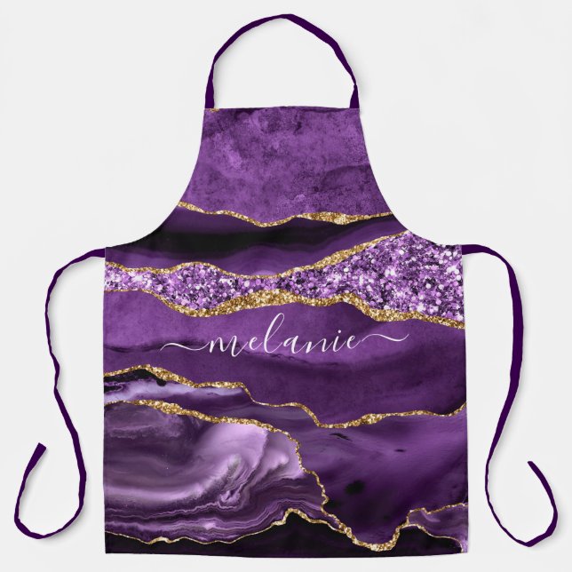 Agate Purple Violet Gold Glitter Geode Custom Name Apron (Front)