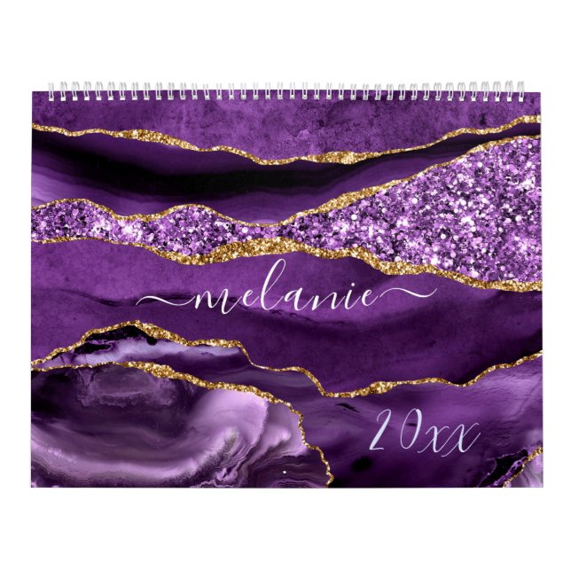 Agate Purple Violet Gold Glitter Geode Custom Name Calendar (Cover)