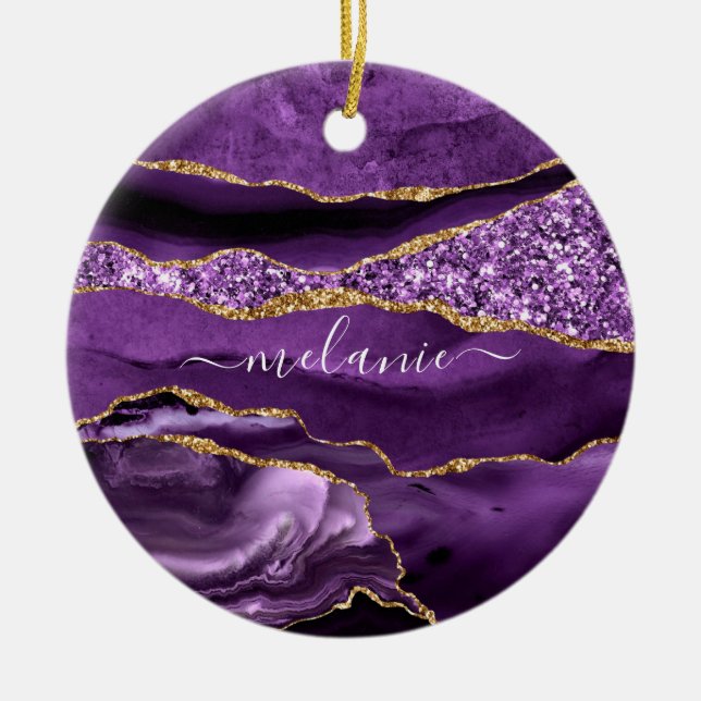 Agate Purple Violet Gold Glitter Geode Custom Name Ceramic Tree Decoration (Front)