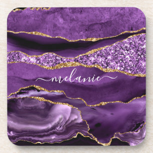 Agate Purple Violet Gold Glitter Geode Custom Name Coaster
