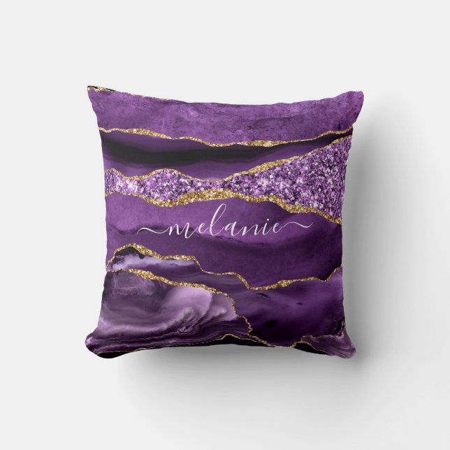 Agate Purple Violet Gold Glitter Geode Custom Name Cushion (Front)