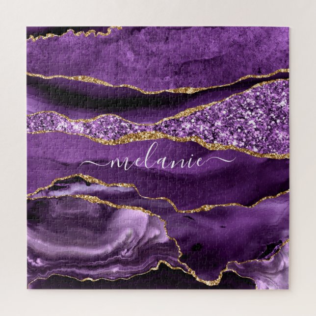 Agate Purple Violet Gold Glitter Geode Custom Name Jigsaw Puzzle (Vertical)