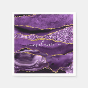 Agate Purple Violet Gold Glitter Geode Custom Name Napkin