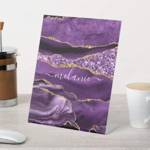 Agate Purple Violet Gold Glitter Geode Custom Name Pedestal Sign