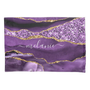 Agate Purple Violet Gold Glitter Geode Custom Name Pillowcase
